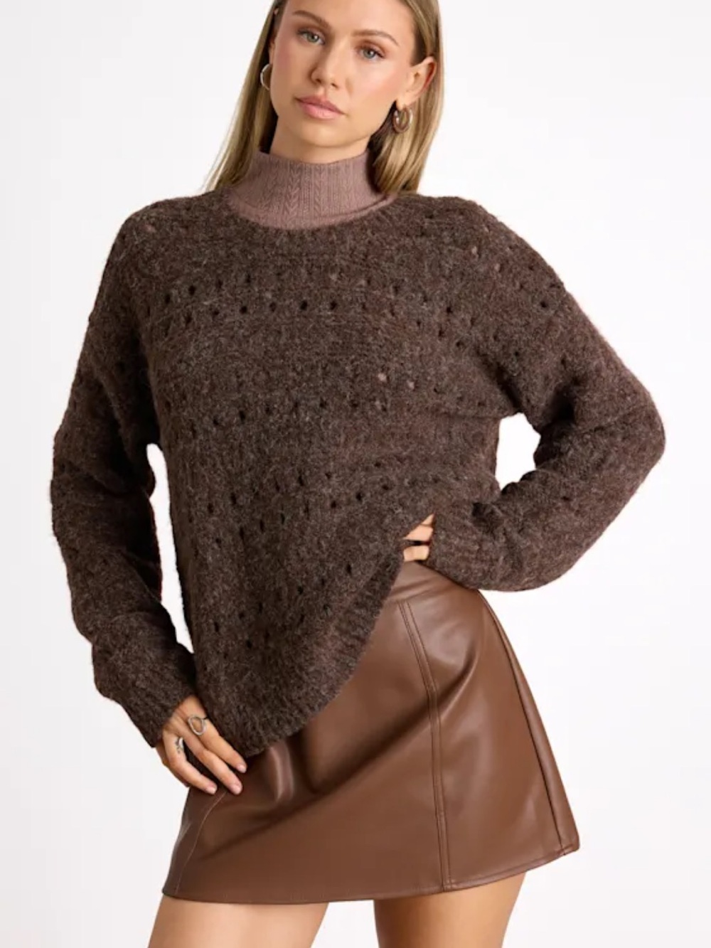 Lulu's Chocolate Brown Eyelet Crewneck Sweater NWT